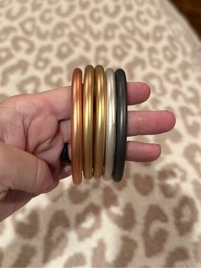 Set of Metallic Stacked Metal Bangle Bracelets - Copper, Gold, Silver, Gunmetal